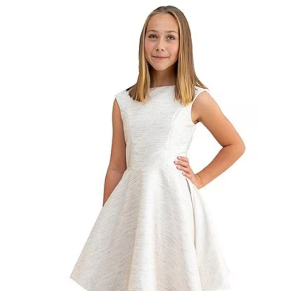 Un Deux Trois Big Girls Pink Cap-Sleeve Satin Jacquard Fit-And-Flare Dress